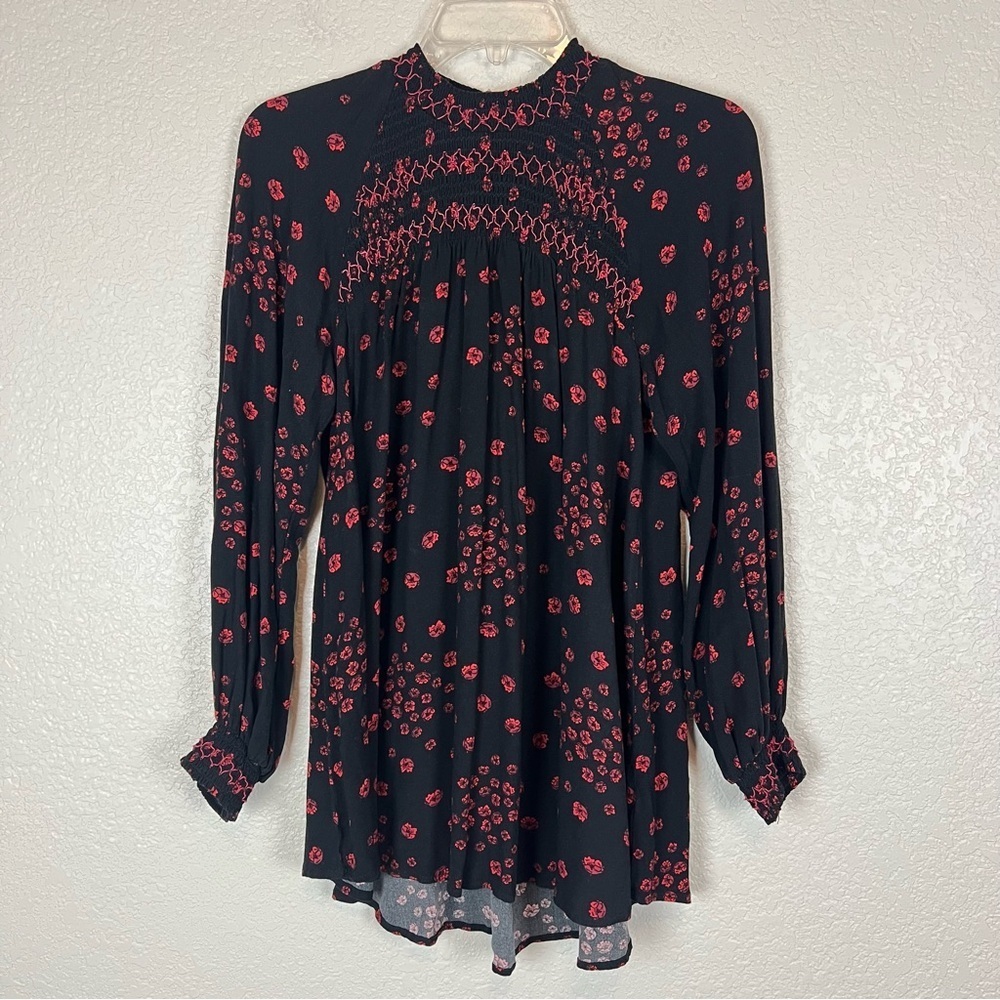 Free People Black Red Flowers in Her Hair Mock Neck Floral Long Sleeve Tunic XS